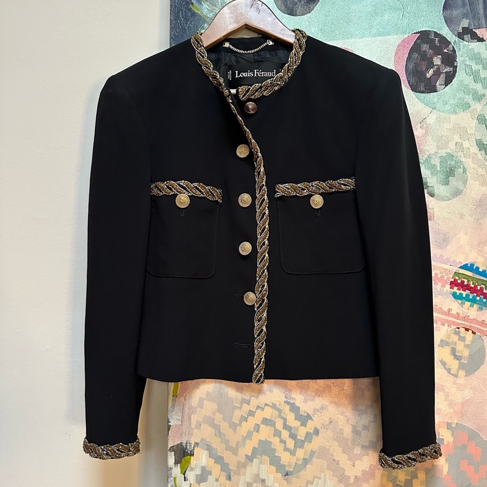 Vintage Louis Feraud 1990s beaded boxy black and gold blazer jacket - Picture 2 of 11